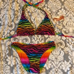 Rainbow zebra print bathing suit